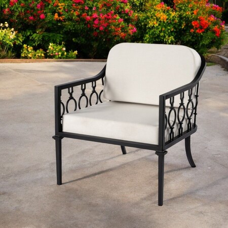 Homeroots 26" Black Metal Outdoor Arm Chair with Ivory Cushion 528695