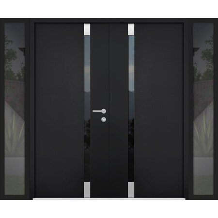 Vdomdoors Steel Double Doors Cynex 6777 Black 2 Sidelight Exterior Windows Stainless Inserts Single Modern Pa CYNEX6777DEXD-BLK-RH-O-W14+72+14 x H80