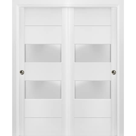 Sartodoors Sliding Closet Frosted Glass 2 lites Bypass Doors 48 x 84 inches, Lucia 4010 White Silk, Sturdy Rai LUCIA4010DBD-WS-4884