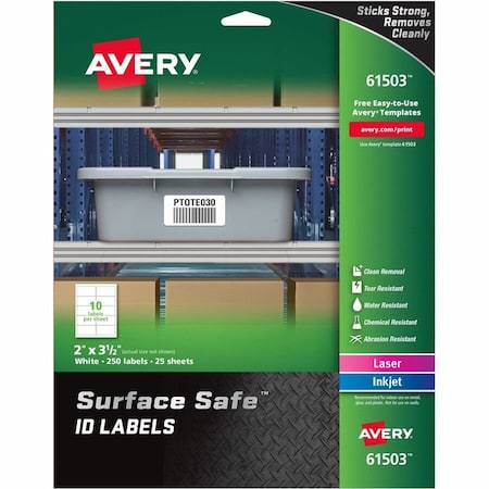 Avery Surface Safe ID Labels, Inkjet/Laser, 2 x 3 1/2, White, PK250 61503