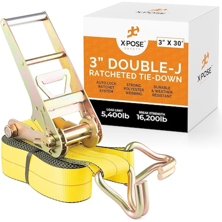 Xpose Safety Ratchet Straps Heavy Duty, 3 In x 30 FT Tie Down Straps Ratchet Operated with Double J Hooks,  RTD330-DJH-1-X