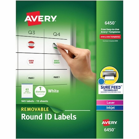 Avery Removable Inkjet/Laser ID Labels, 1" Diameter, White, 945/Pack 6450