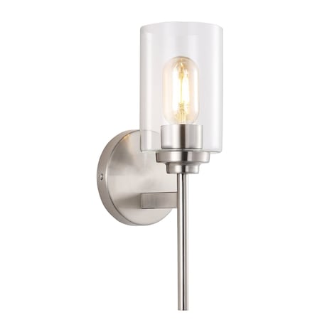 Jonathan Y Juno 13" 1-Light Farmhouse Industrial Metal/Glass Cylinder LED Sconce, Nickel/Clear JYL9547C