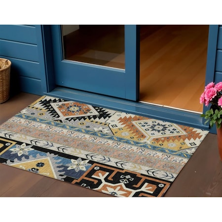 Homeroots 3' X 5' Black Ivory And Copper Aztec Washable Indoor Outdoor Area Rug 598454