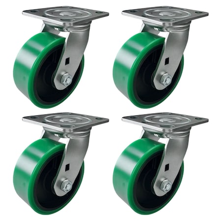 Hyw Products Heavy Duty Caster Set 5in Green Polyurethane on Cast Iron Wheels, 4 Swivel, 4PK 40-50S-A1-PC-4 (G)