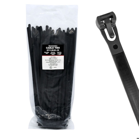 Cable Ties Unlimited Releasable Cable Tie, 11 in L, 50 lb Strength, 3.2 in Max Bundle Dia, Nylon, UV-Rated, Black, 100PK RT11-50-0C-.30