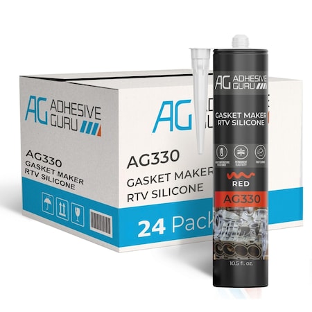 Adhesive Guru AG330 High-Temp RTV Silicone Gasket Maker & Sealant, Red, 10.5 oz, 572 DegF Heat Resistant, 24PK adgr_GskMkr_AG330_24pk