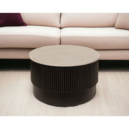 Homeroots 31" White And Dark Brown Genuine Marble And Solid Wood Round Drum Coffee Table 579298