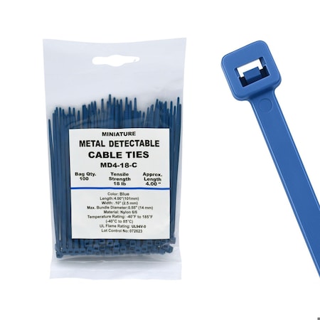 Cable Ties Unlimited Metal Detectable Cable Tie, 4 in L, 18 lb Strength, 1 in Max Bundle Dia, Nylon 6/6, Blue, 100PK MD4-18-C