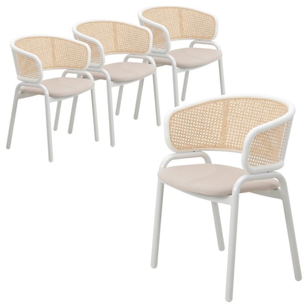 Leisuremod Ervilla Dining Chair with White Powder Coated Steel Legs and Wicker Back, Beige, 4PK ECW-20BG4