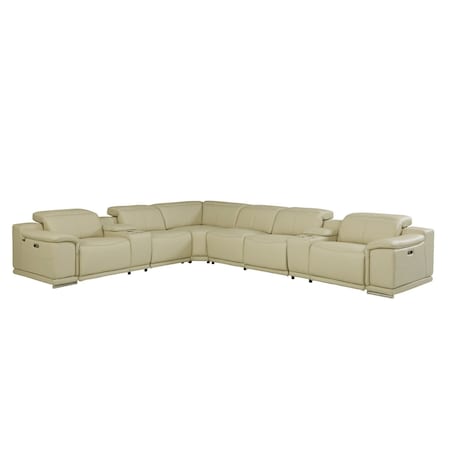 Homeroots Beige Italian Leather Power Reclining U Shaped Eight Piece Corner Sectional With Console 476599