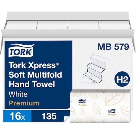 Tork Multifold Paper Towel Sheets, 2 Ply, 135 Sheets, White, 16 PK MB579