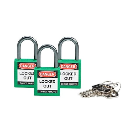Brady Lockout Padlock, Keyed Alike, Nylon, Green, 1 in Shackle Height, 1 3/16 in Body Width, 3 PK 118955