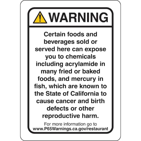 Brady Prop 65 Regulatory Sign Restaurant 14 inch x 10 inch Polystyrene Black on White 150440