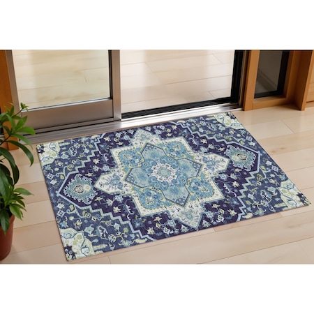 Homeroots 3' X 5' Navy Blue Ivory And Black Oriental Washable Indoor Outdoor Area Rug 600168