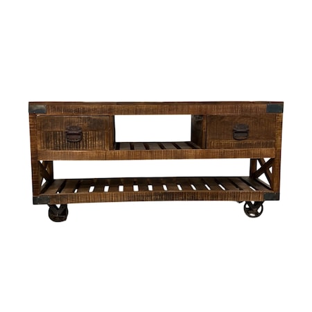 Homeroots 18" Brown and Black Solid Wood Distressed Wheel Console Table With Shelves And Drawers 387800