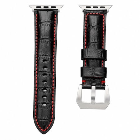 Elegani Alligator-Embossed Leather Band Compatible with Apple Watch 41mm, Black/Red, Silver Buckle LATPAM-BLKRED-SLV-41