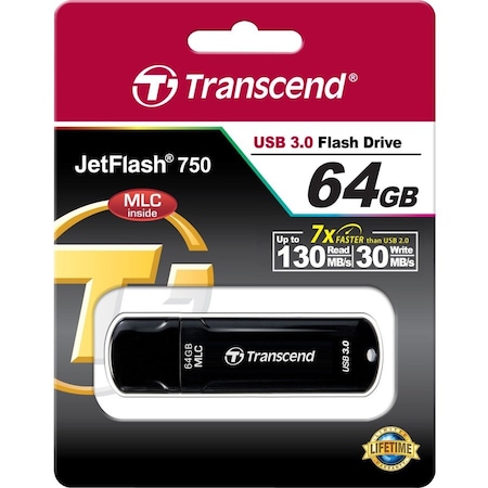 Transcend Information Transcend 64GB JetFlash 750 USB 3.0 Flash Drive - 64 GB - USB 3.0 - Black - Lifetime Warranty TS64GJF750K