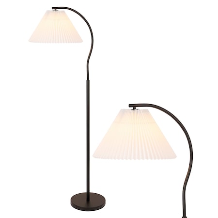 Jonathan Y Devon 60.5" Modern Glam Metal Arc LED Floor Lamp with Pleated Shade, Black/White JYL1148B