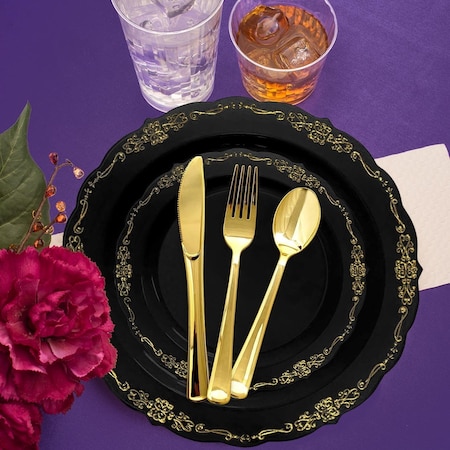Smarty Had A Party 10" Black with Gold Vintage Rim Round Disposable Plastic Dinner Plates (120 Plates), 120PK 860BG-CASE