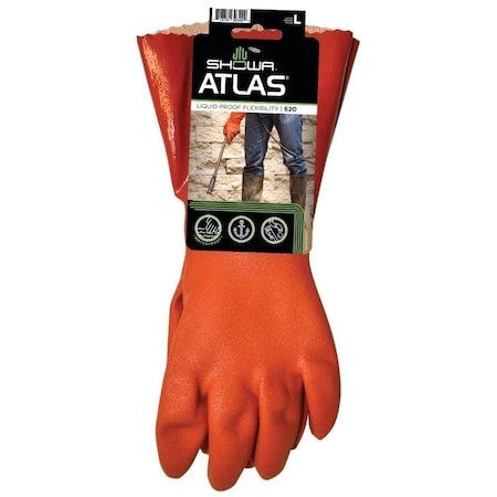 Showa Atlas Coated Gloves, L, 12 in L, Gauntlet Cuff, PVC Glove, Orange 620L-09.RT