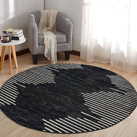 World Rug Gallery Bohemian Stripe Stain Resistant Area Rug 6 ft Round Black 385BLACK6RND