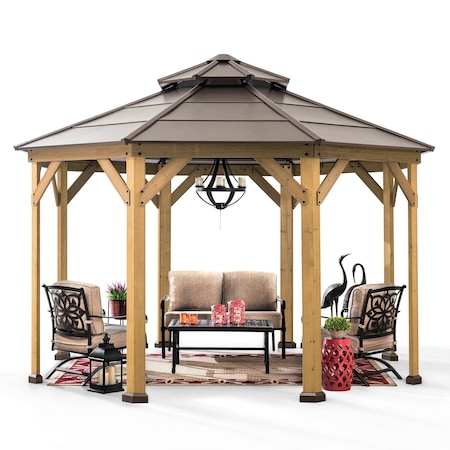 Sunjoy 13ft x 13ft  Cedar Framed Octagon Gazebo, Brown Double Tiered Steel Hardtop Roof A102007900