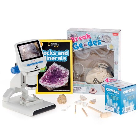 Amscope Kid's Natural Geode Adventurer Set featuring 1080P HD Portable LCD Digital Color Microscope, Ultimat KVB-GEO-140-ADV