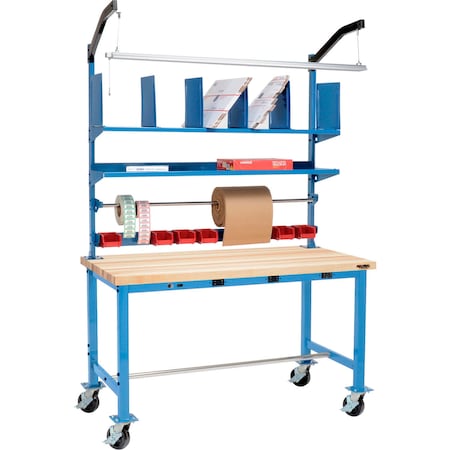 Global Industrial Mobile Packing Workbench W/Riser Kit and Power, Maple Square Edge, 60"W x 36"D 412456AB