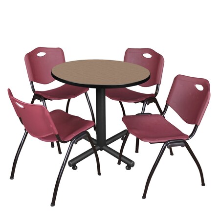 Regency Round Kobe Breakroom Table W/ 4 M Stack Chairs, 30 in W, 30 in L, Noble Oak TKB30RNDNO47BY