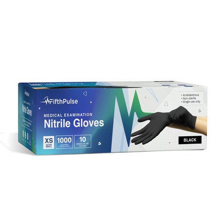 Fifthpulse Disposable Gloves, 3 mil Palm, Nitrile, Powder-Free, XS, 1000 PK, Black FMN100619