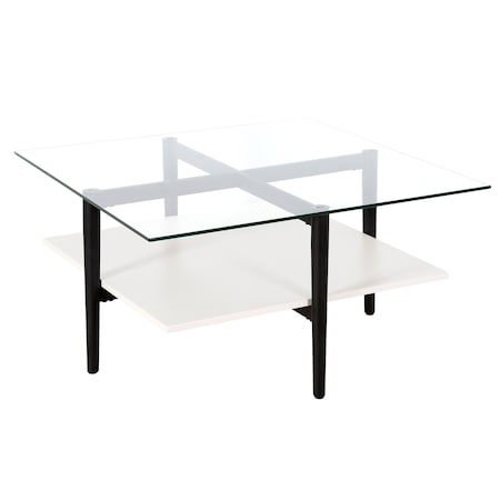 Homeroots 32" White And Black Glass And Steel Square Coffee Table With Shelf 521988