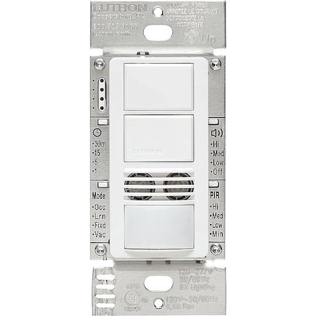 Lutron Wall Mount Sensor, Occupancy, Vacancy, Hard Wired, White, 900 sq ft, Fluorescent, Halogen, Incandescent, LED MS-A202-WH