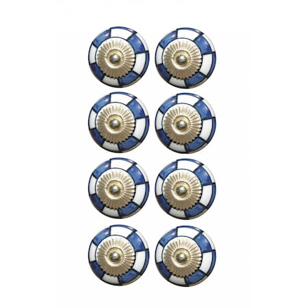 Homeroots Set of Eight Blue White And Gold Geometric Ceramic Drawer Pull Knobs, 8PK 321650