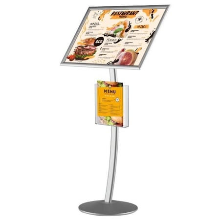 M&T Displays Silver 18 x 24 Inch Pedestal Sign Holder with Clear Brochure Holder Menu Board Floor Standing UCUMBN1518X9002