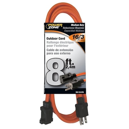 Powerzone Extension Cord, 16 AWG, Outdoor, 5-15R, 5-15P, 8 ft OR501608