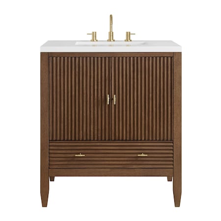 James Martin Vanities Myrrin 30" Single Vanity, Mid-Century Walnut w/ 3 CM White Zeus Silestone Top 485-V30-WLT-3WZ