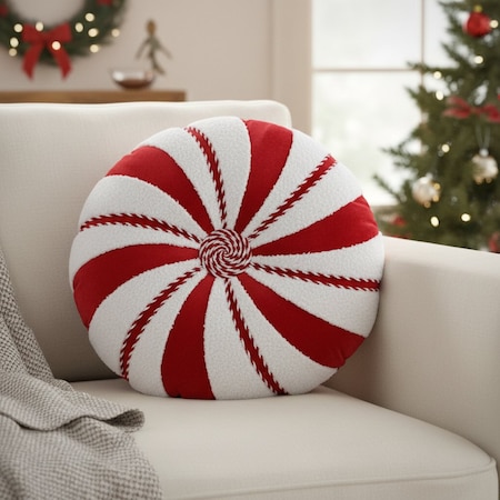 Homeroots 16" Red And White Cotton Velvet Round Christmas Striped Throw Pillow 719248