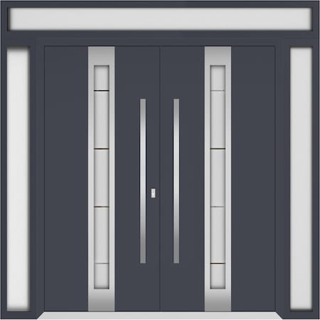 Vdomdoors Metal Double Doors Deux 1717 Gray Graphite Frosted Glass 2 Sidelights and Top Transom Entry Modern DEUX1717DEXD-GRE-W14+72+14xH96+16-LH-O