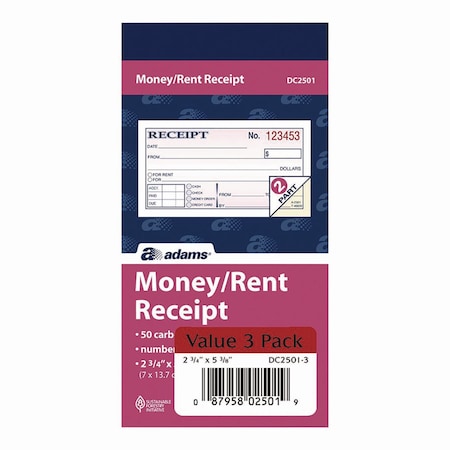 Adams Business Forms Money/Rent Receipt Book, Two-Part Carbonless, 4.88 x 2.75, 150PK DC2501-3