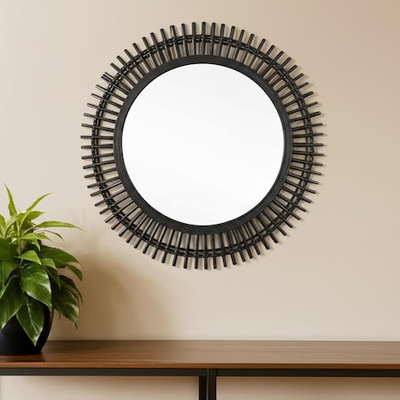 Homeroots 31" Black Bamboo Pierced Round Accent Mirror 574043