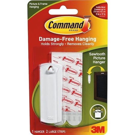 Command Picture Hanger, 5 lb, Plastic, White, Adhesive Strip, 3 in L x 1 in W x 1/16 in H 17040