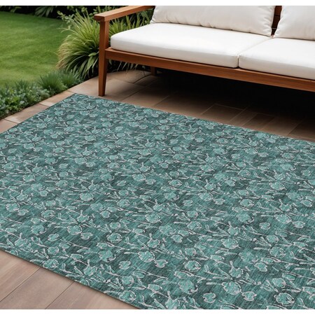 Homeroots 10' X 14' Teal Blue Aqua And Ivory Floral Washable Indoor Outdoor Area Rug 581929