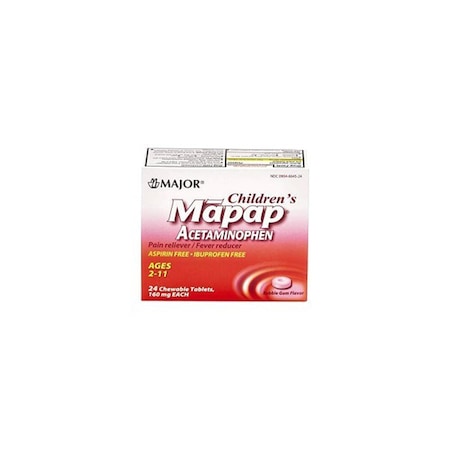 Major Pharmaceuticals Children's Pain Relief/Fever Reducer, Mapap 160mg, Acetaminophen, Chewable Tablet, Bubblegum, 24PK 00904664524