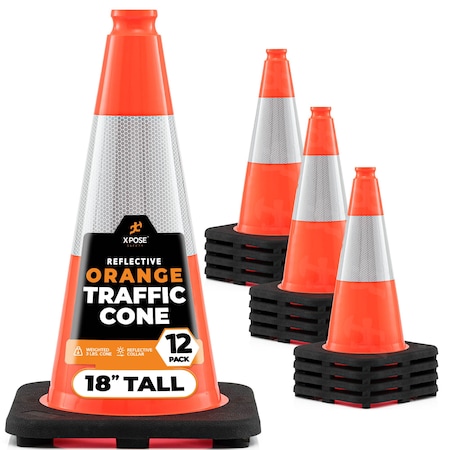 Xpose Safety Traffic Safety Cone, 18 in, PVC, 6 in Reflective Collar, DOT Approved, Orange, 12 pk OTC18-6-12-X-S