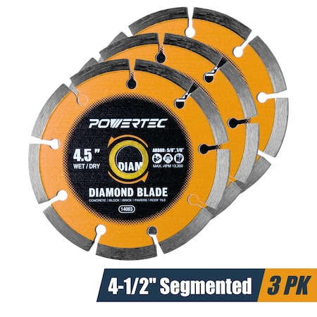 Powertec 4-1/2in Segmented Diamond Saw Blades for Angle Grinder, Diamond Blade for Cutting - 3PK 14003-P3
