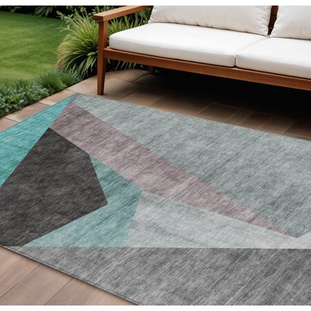 Homeroots 9' X 12' Teal Blue Aqua And Charcoal Abstract Washable Indoor Outdoor Area Rug 582894