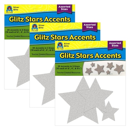 Teacher Created Resources Silver Glitz Stars Accents, Assorted Sizes, 30-Piece Set, 3PK 77026