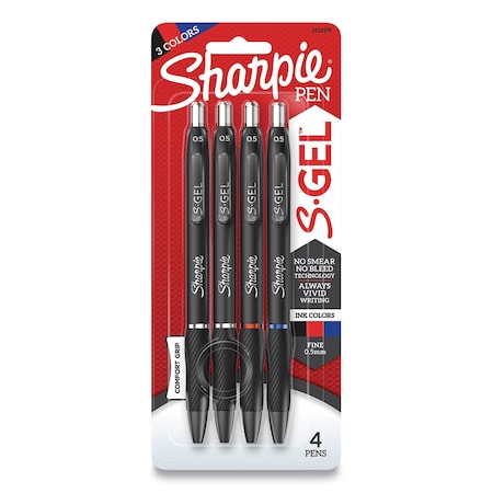 Sharpie S-Gel High-Performance Gel Pen, Retractable, Fine 0.5 mm, Assorted Ink Colors, Black Barrel, 4PK 2116199