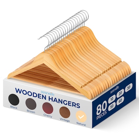 Serenelife Solid Wooden Hangers, Heavy Duty, 360 Deg Swivel Hook, Shoulder Notches and Pants Bar, 80PK SLWDD85